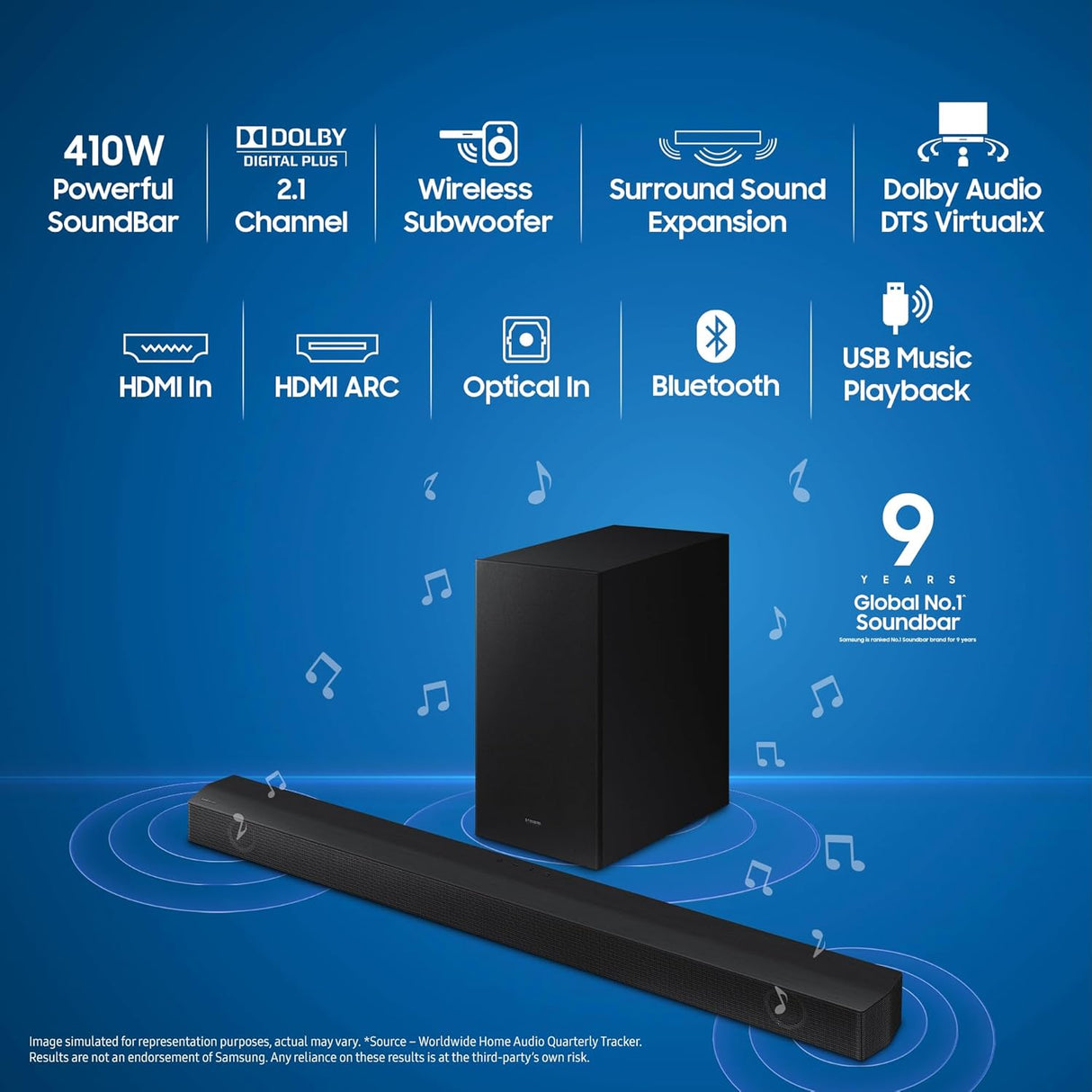 Samsung 410W 2.1ch B550 Soundbar with Wireless Subwoofer and Dolby Audio (HW-B550/XL, Egyptian Black) (OPENBOX)