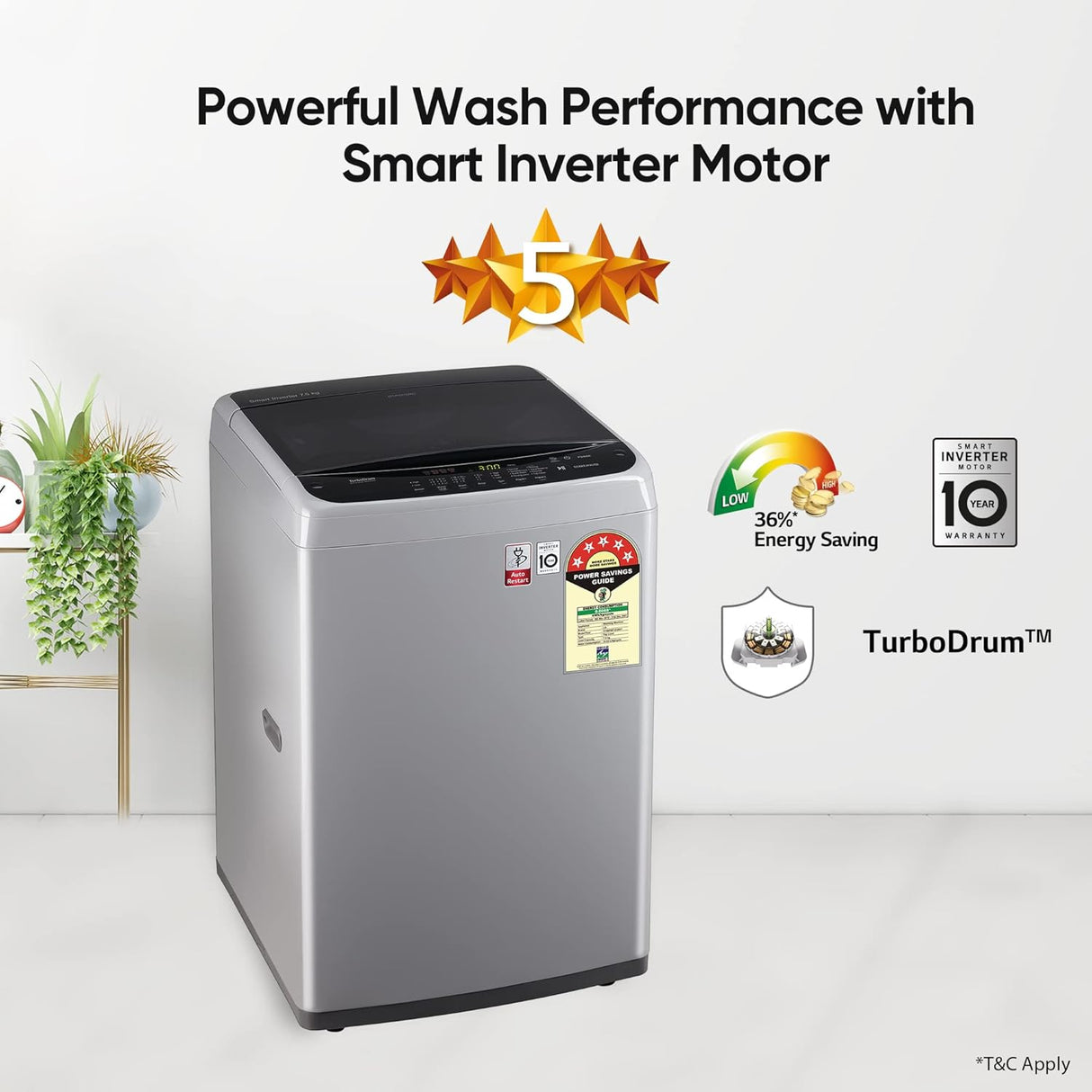 LG 7.5 kg 5 Star Inverter Fully Automatic Top Load Washing Machine (T75SKSF1Z.ASFQEIL, TurboDrum, Middle Free Silver) (OPENBOX)