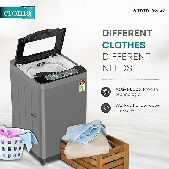 Croma 8 kg 5 Star Fully Automatic Top Load Washing Machine (CRLW080FAF202302, Pulsator Wash Technology, Inox Grey) (OPENBOX)