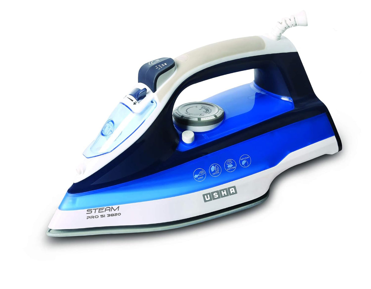 USHA Steam Pro Si 3820 Steam Iron 2000 Watts With Easy-Glide Durable Ceramic Soleplate, Powerful Steam Output From 73 Steam Vents, 280 Ml Water Tank (Blue) (OPENBOX)
