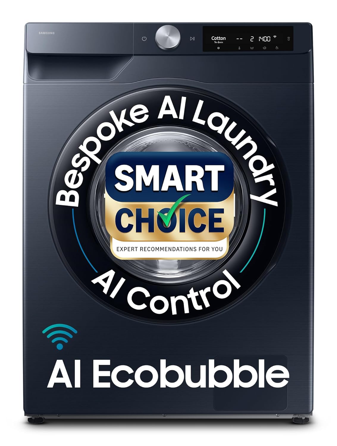 Samsung Smart Choice 9 kg, 5 Star, AI Control, AI Ecobubble, Super Speed, Wi-Fi, Hygiene Steam with Inbuilt Heater, Digital Inverter, Fully-Automatic Front Load Washing Machine (WW90DG6U24ASTL, NAVY) - OPN BOX