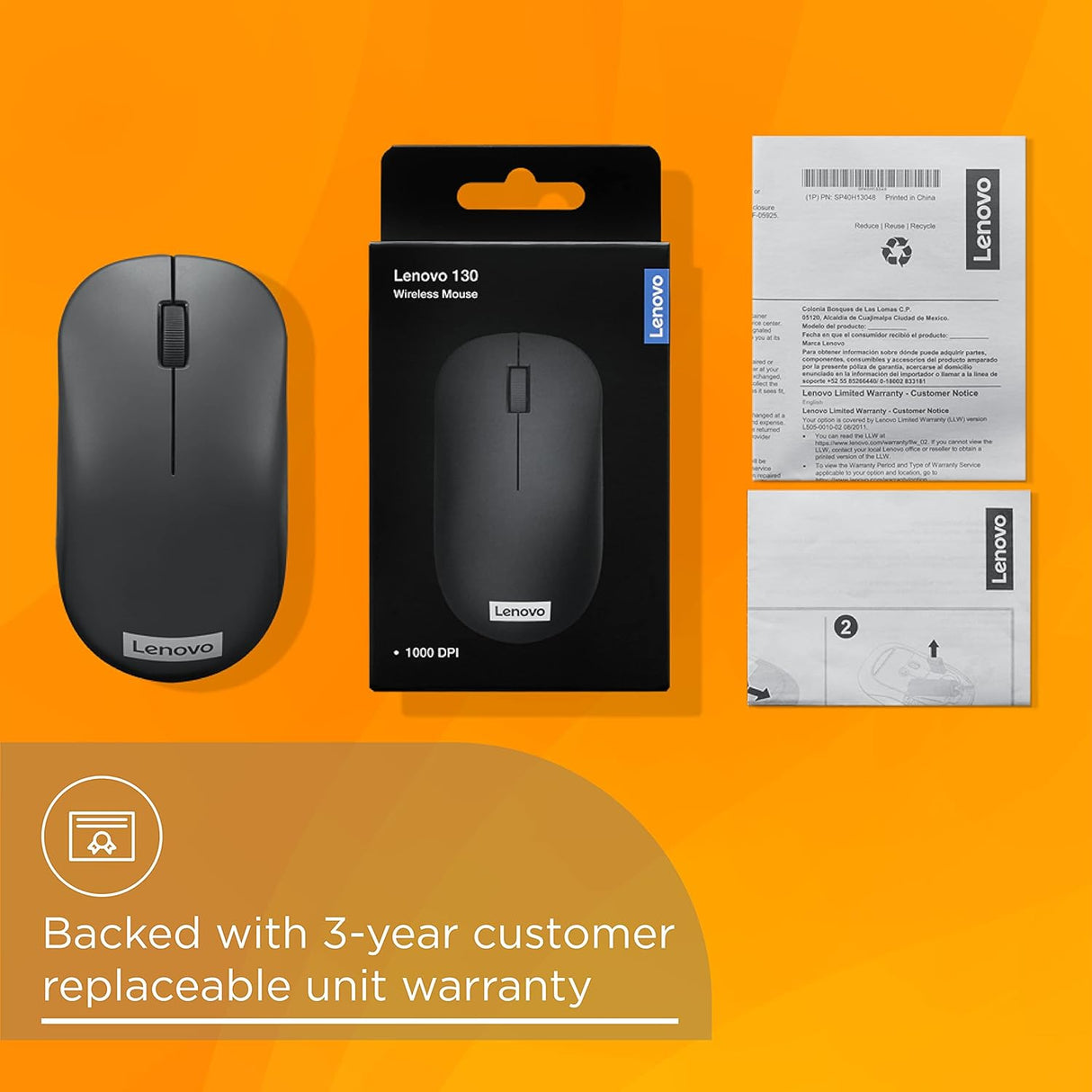Lenovo 130 Wireless Compact Mouse, 1K DPI Optical sensor, 2.4GHz Wireless NanoUSB, 10m range, 3button(left,right,scroll) upto 3M left/right clicks, 10 month battery, Ambidextrous, Ergonomic (OPENBOX)