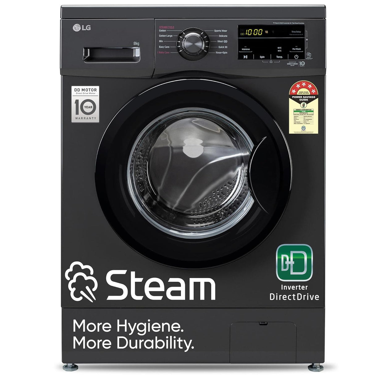 LG 8 Kg 5 Star Direct Drive Technology, Steam Wash, 6 Motion DD, Smart Diagnosis, Fully Automatic Front Load Washing Machine (FHM1408BDM, Allergy Care, In-Built Heater, Touch Panel, Middle Black)-OPEN BOX