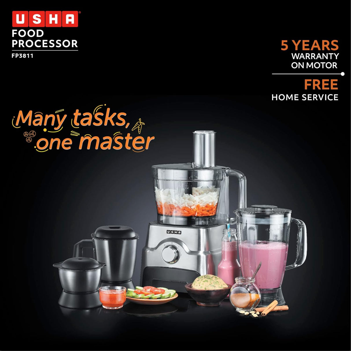 Usha FP 3811 Food Processor 1000 Watts Copper Motor with 13 Accessories(Premium SS Finish), Black and Steel (OPENBOX)