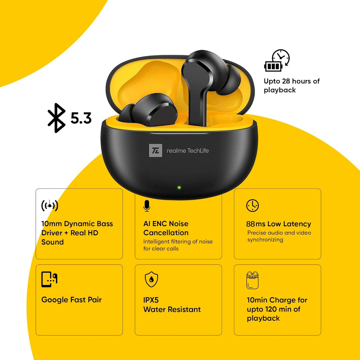 realme TechLife Buds T100 Bluetooth Truly Wireless in Ear Earbuds with mic, AI ENC for Calls, Google Fast Pair, 28 Hours Total Playback with Fast Charging and Low Latency Gaming Mode (Black) (OPENBOX)