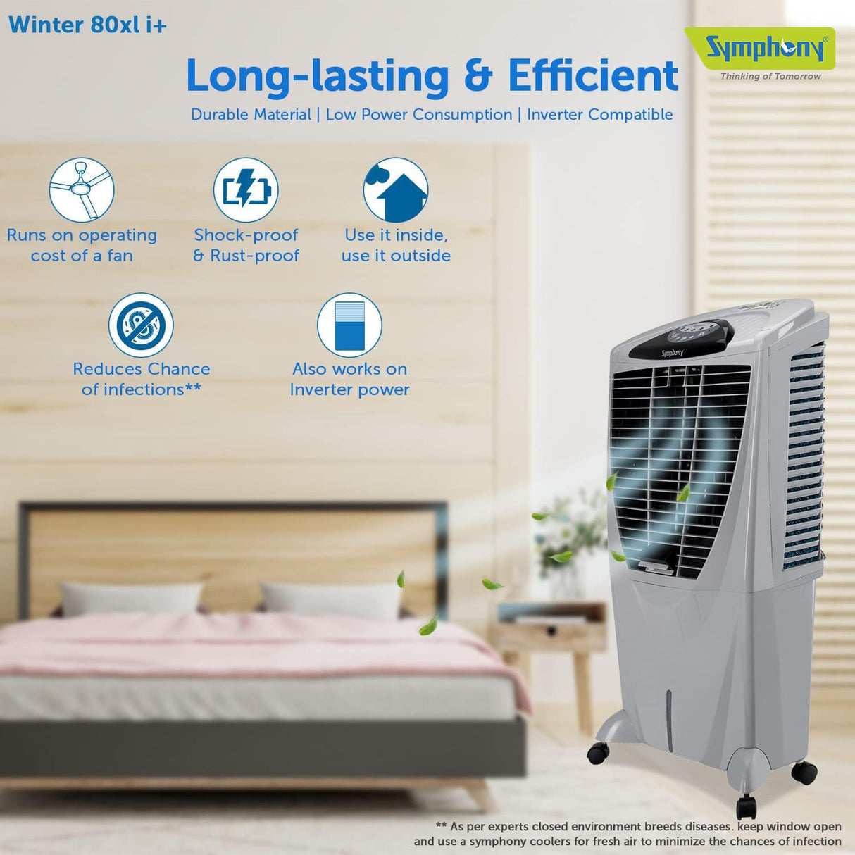 Symphony Winter 80 XL i+ Powerful Desert Air Cooler 80-litres with Remote, +Air Fan, 4-Side Honeycomb Pads, Whisper-Quiet Performance (Grey) (OPENBOX)