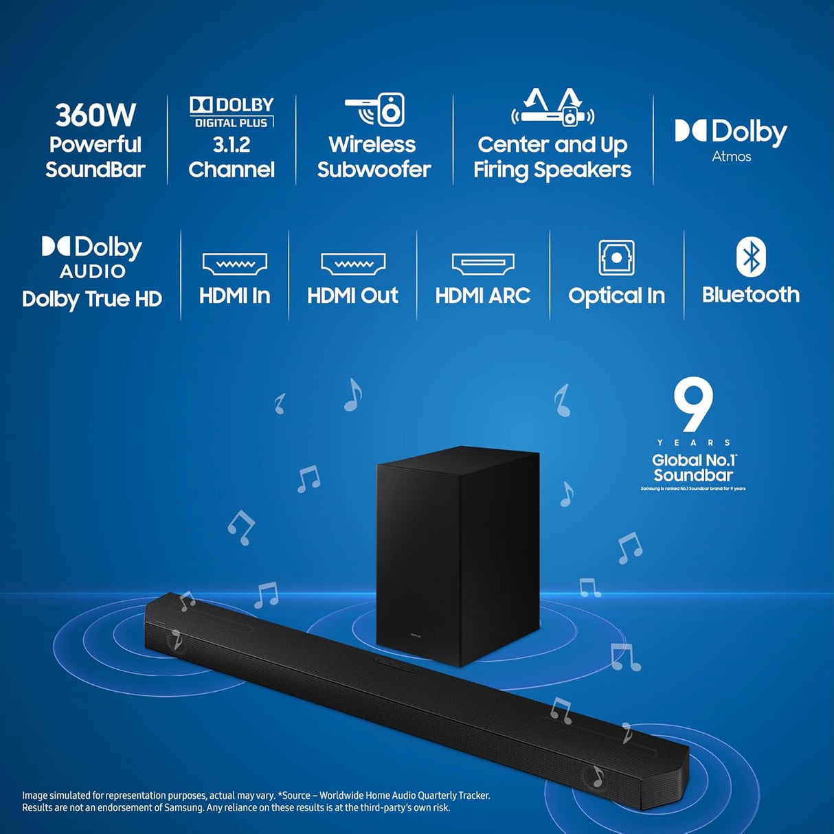 Samsung Q-Symphony Soundbar (HW-Q600C/XL), USB, Bluetooth with 3.1.2 Channel, Wireless Subwoofer, and 2 Up-Firing Speakers, Dolby Atmos Music (Black) (OPENBOX)