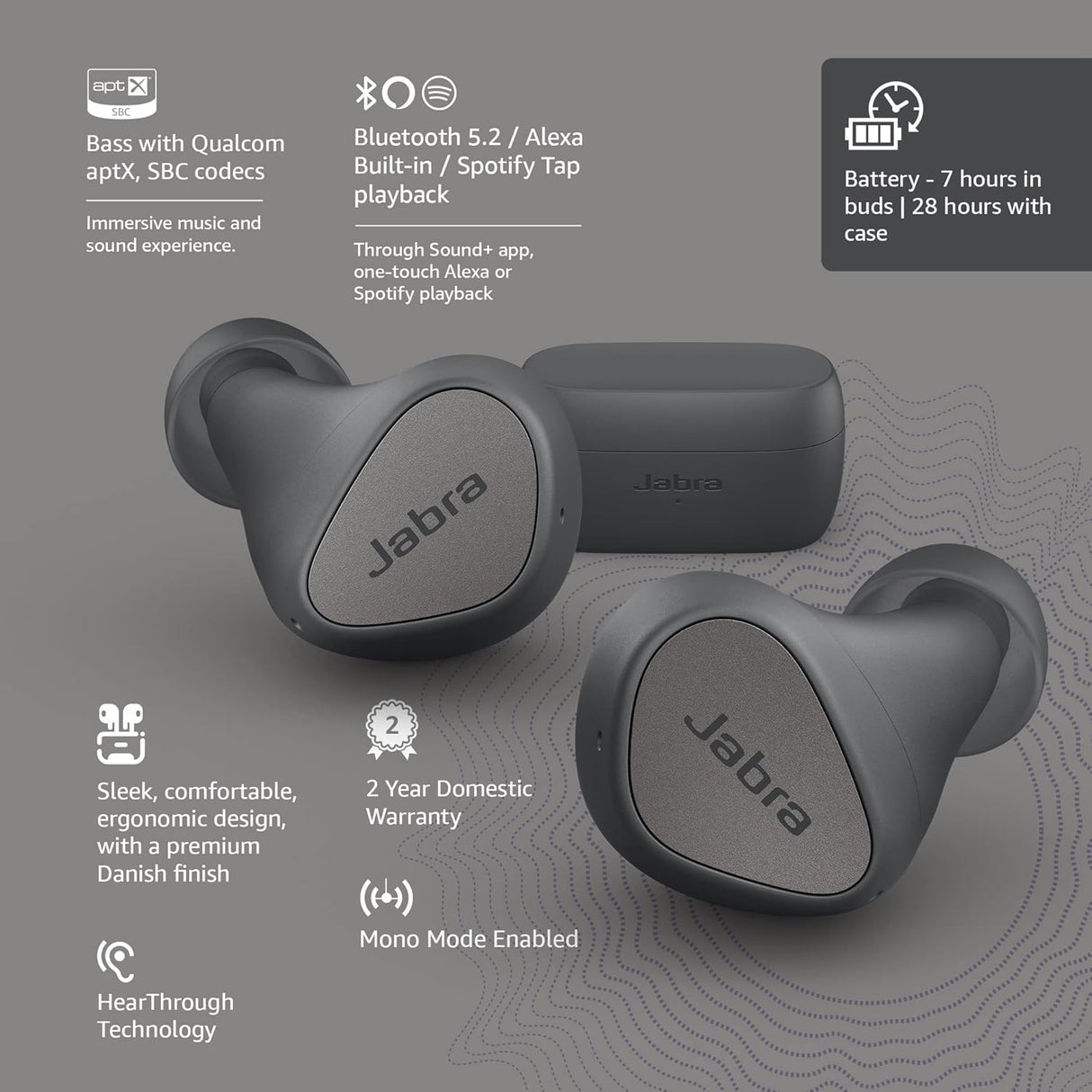 Jabra Elite 3 Bluetooth Truly Wireless In Ear Earbuds with Mic Noise Isolating with 4 Built-in for Clear Calls, Rich Bass, Customizable Sound, Mono Mode - Dark Grey (OPENBOX)