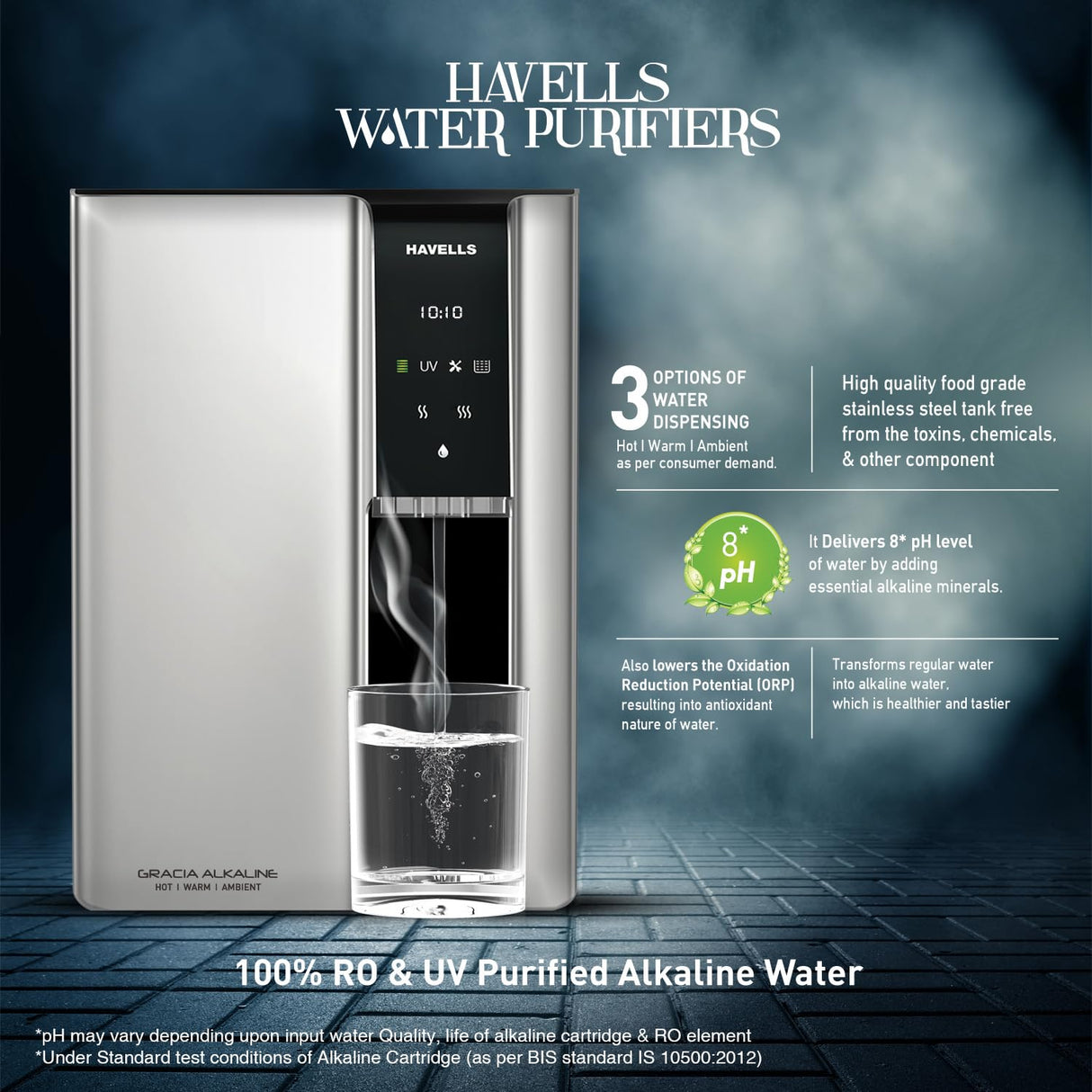 Havells Gracia Alkaline Water Purifier (Silver & Black), RO+UV+Alkaline, Hot, Warm & Ambient Water, Copper+Zinc, 8 Stage Purification, 7.5L SS Tank, Suitable for Borwell, Tanker & Municipal Water (OPENBOX)