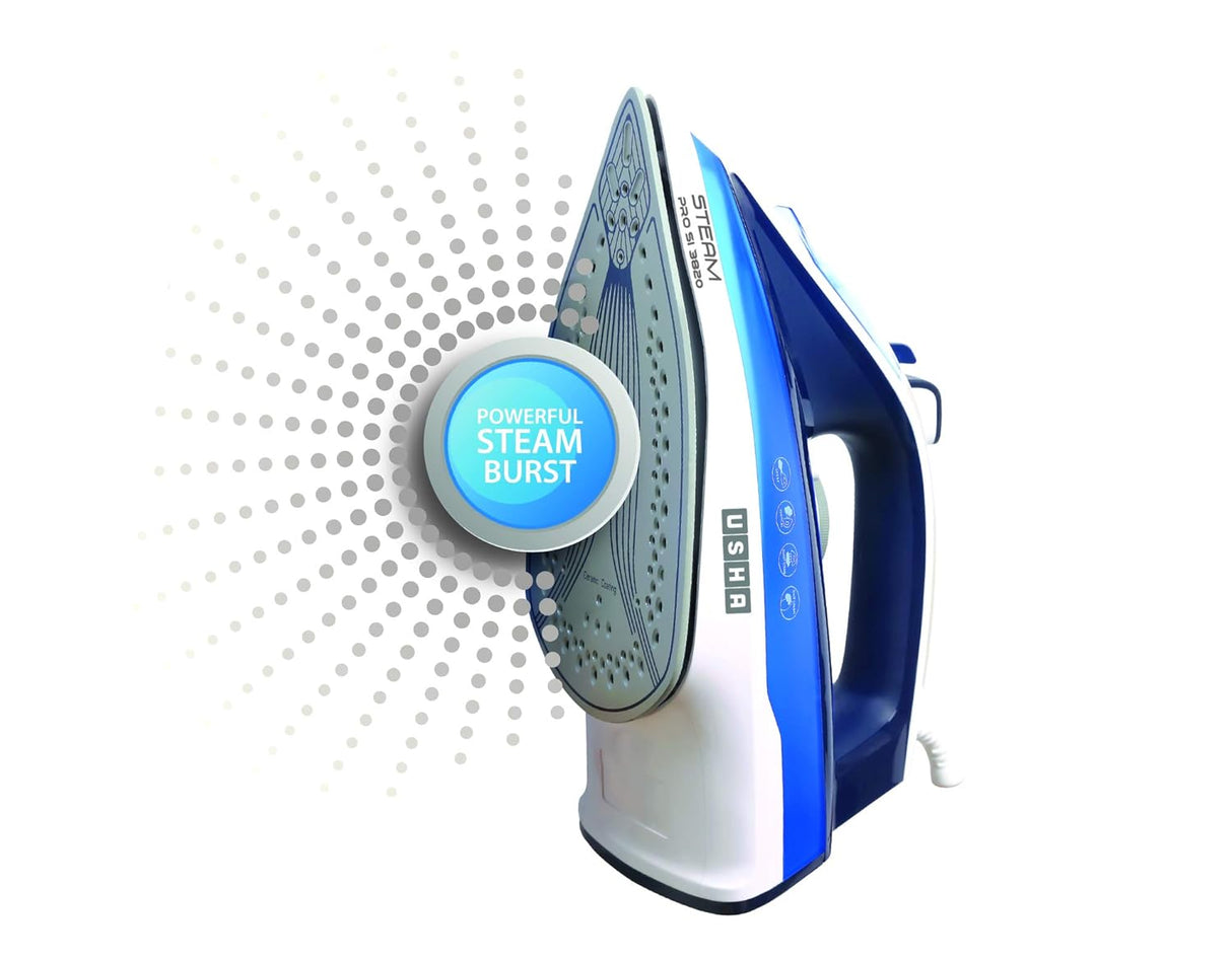 USHA Steam Pro Si 3820 Steam Iron 2000 Watts With Easy-Glide Durable Ceramic Soleplate, Powerful Steam Output From 73 Steam Vents, 280 Ml Water Tank (Blue) (OPENBOX)