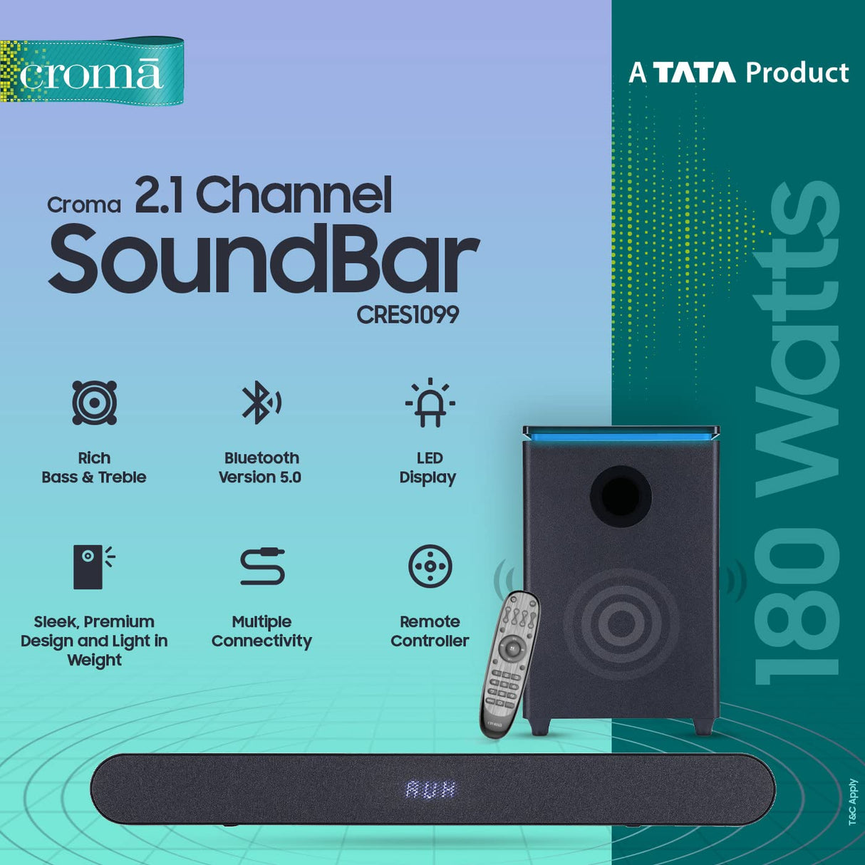 Croma 2.1 Channel Sound bar with wireless Subwoofer for Deep Bass (180W True RMS Sound Output) with multiple connectivities HDMI ARC, SD card slot, Bluetooth 5.0 (OPENBOX)