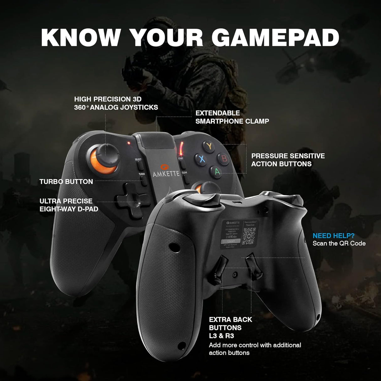 Amkette Evo Gamepad Pro 4 Programmable Gamepad for Android | for Snapdragon Devices Only | with Touch Point Mapping | Works with Genshin, BGMI, COD, Mobile Legends and More | Bluetooth 4.0 (Black) (OPENBOX)