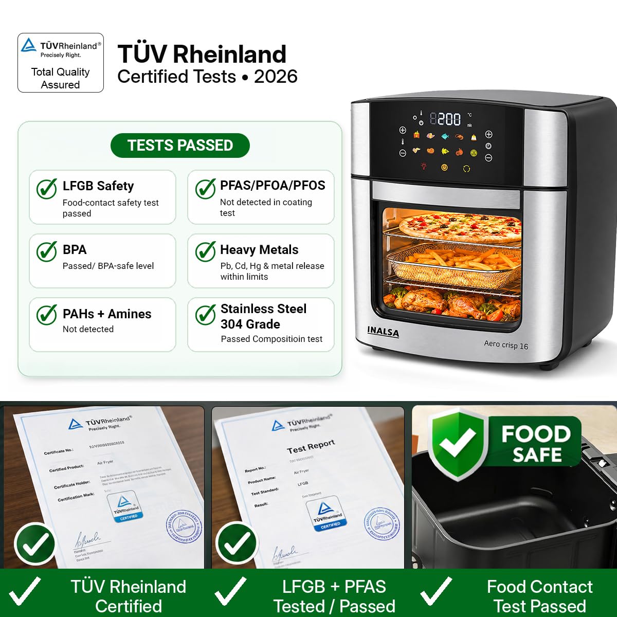 INALSA Air Fryer Oven|16L, 1800W|Stainless Steel Body12-in-1 Functions,Fry,Bake,Grill,Dehydrate,Roast& Reheat|10 Preset|Rotisserie & Convection|Dishwasher Safe Accessories|- OPEN BOX