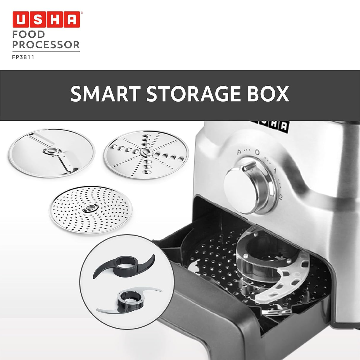 Usha FP 3811 Food Processor 1000 Watts Copper Motor with 13 Accessories(Premium SS Finish), Black and Steel (OPENBOX)