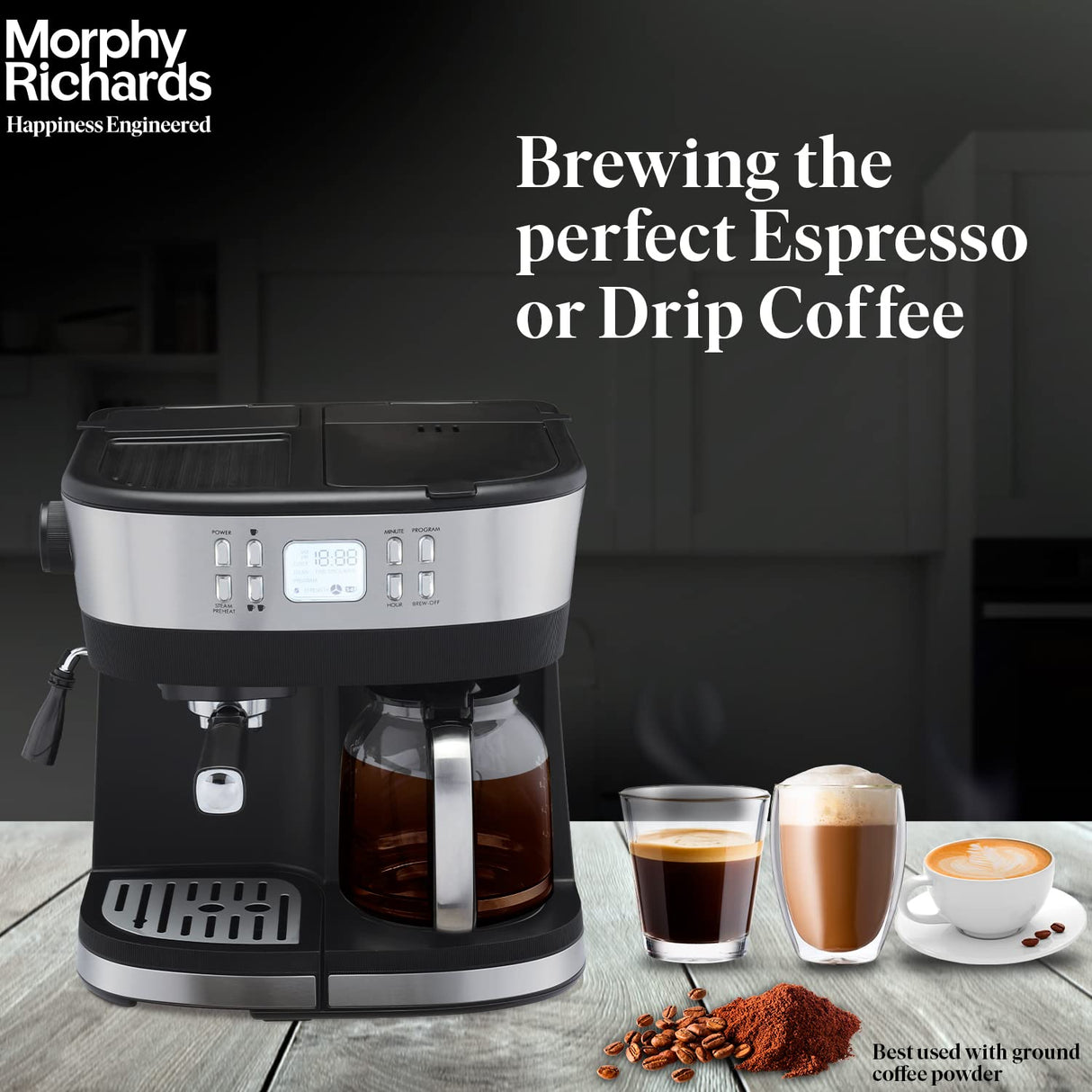 Morphy Richards DuoPresso 2-in-1 Coffee Maker|Drip & Espresso| 15 bar Pressure| Digital Display|Removable Drip Tray| Upto 10 cups* of Coffee| Keep Warm Tray (OPENBOX)