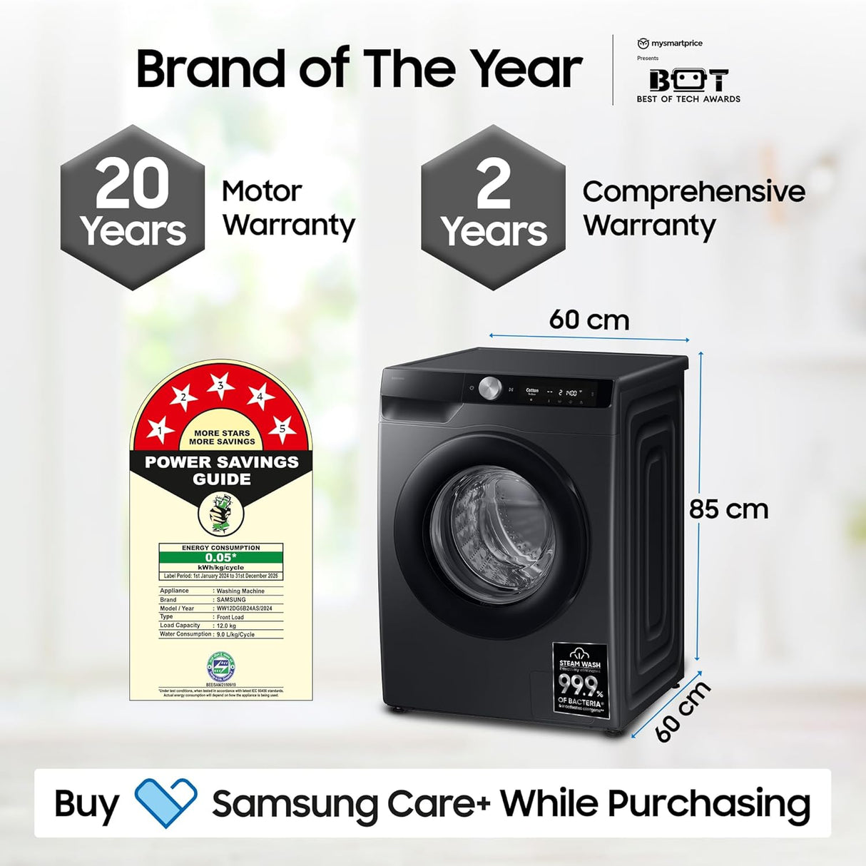 Samsung 12 kg, 5 Star, AI Control, Super Speed, Wi-Fi, Hygiene Steam with Inbuilt Heater, Digital Inverter, Fully-Automatic Front Load Washing Machine (WW12DG6B24ABTL, Black) (OPENBOX)
