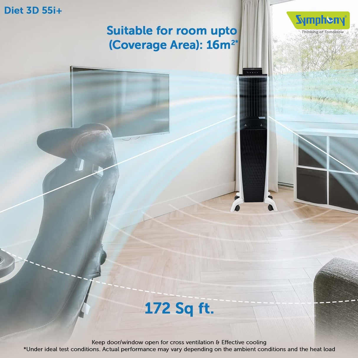 Symphony Diet 3D 55i+ Portable Tower Air Cooler For Home with 3-Side Honeycomb Pads, Magnetic Remote, i-Pure Technology and Automatic Pop-Up Touchscreen (OPENBOX)