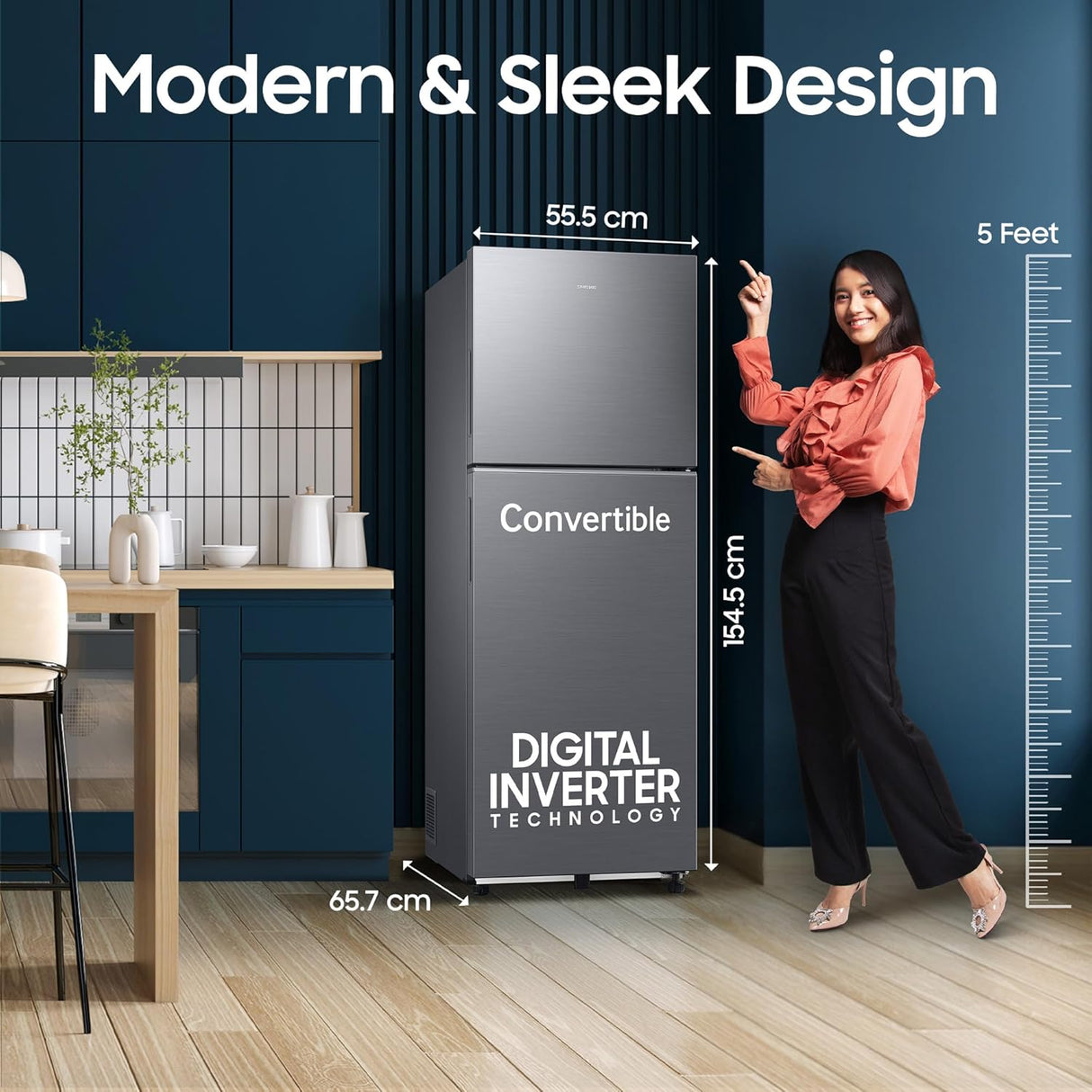 Samsung 236 L, 3 Star, Convertible, Digital Inverter Frost Free Double Door Refrigerator (RT40H28U3THL, Silver, Refined Inox, 2026 Model)-OPEN BOX