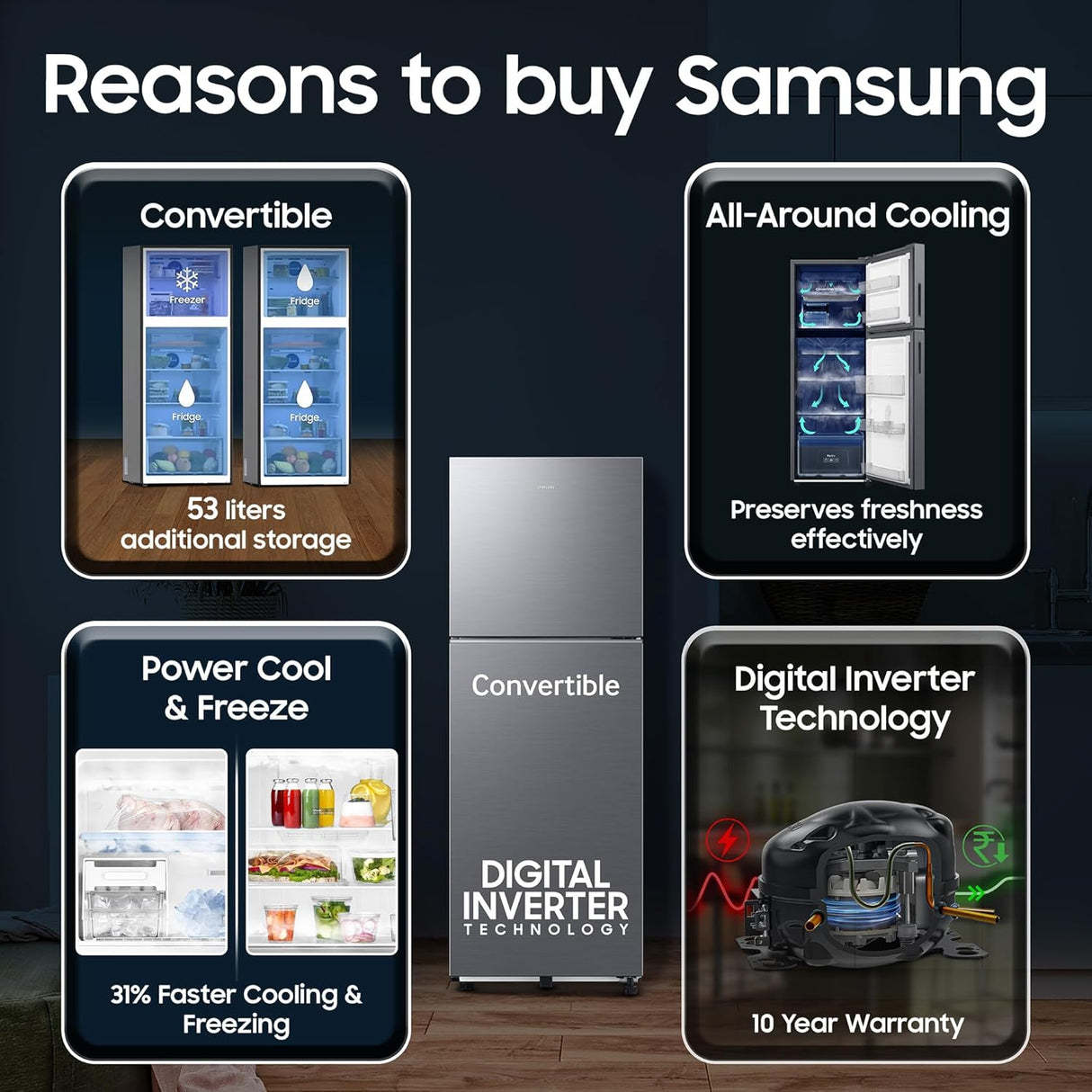 Samsung 236 L, 3 Star, Convertible, Digital Inverter Frost Free Double Door Refrigerator (RT40H28U3THL, Silver, Refined Inox, 2026 Model)-OPEN BOX