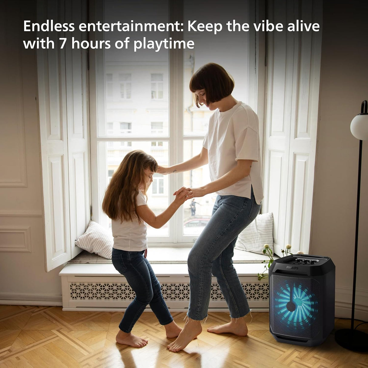 PHILIPS TAX2208 Bluetooth Party Speaker, Dynamic Bass Boost, Bluetooth and Aux-in, Karaoke Microphone Input, Wireless Pairing for Stereo Sound, Up to 7 Hours Battery, Built-in Carry Handle, USB-C (OPENBOX)