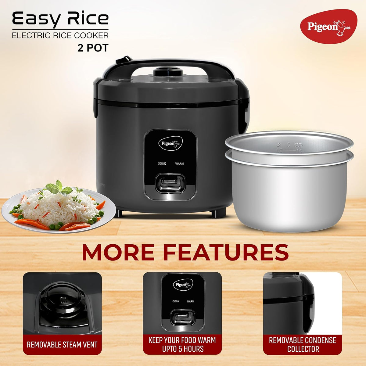 Pigeon Easy 3L Electric Rice Cooker with 2 Pots, Keep warm function, Steam basket, Spatula & Measuring cup (Grey) - OPEN BOX