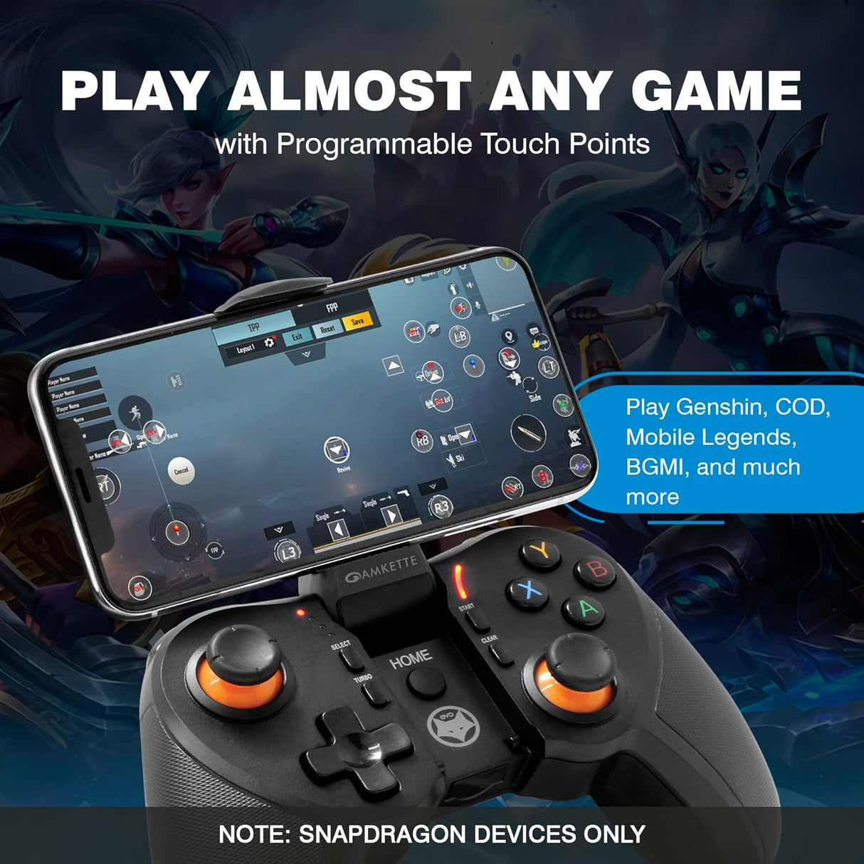 Amkette Evo Gamepad Pro 4 Programmable Gamepad for Android | for Snapdragon Devices Only | with Touch Point Mapping | Works with Genshin, BGMI, COD, Mobile Legends and More | Bluetooth 4.0 (Black) (OPENBOX)