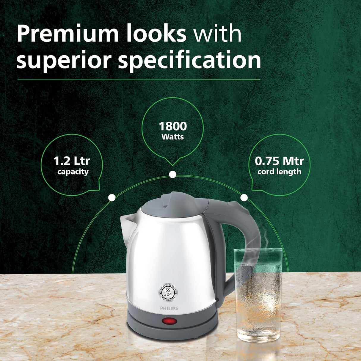 Philips HD9363/02 1.2 L Kettle with rust free SS304 25% Thicker Stainless Steel body for longer life |Triple safe auto cut off | 1300W (OPENBOX)