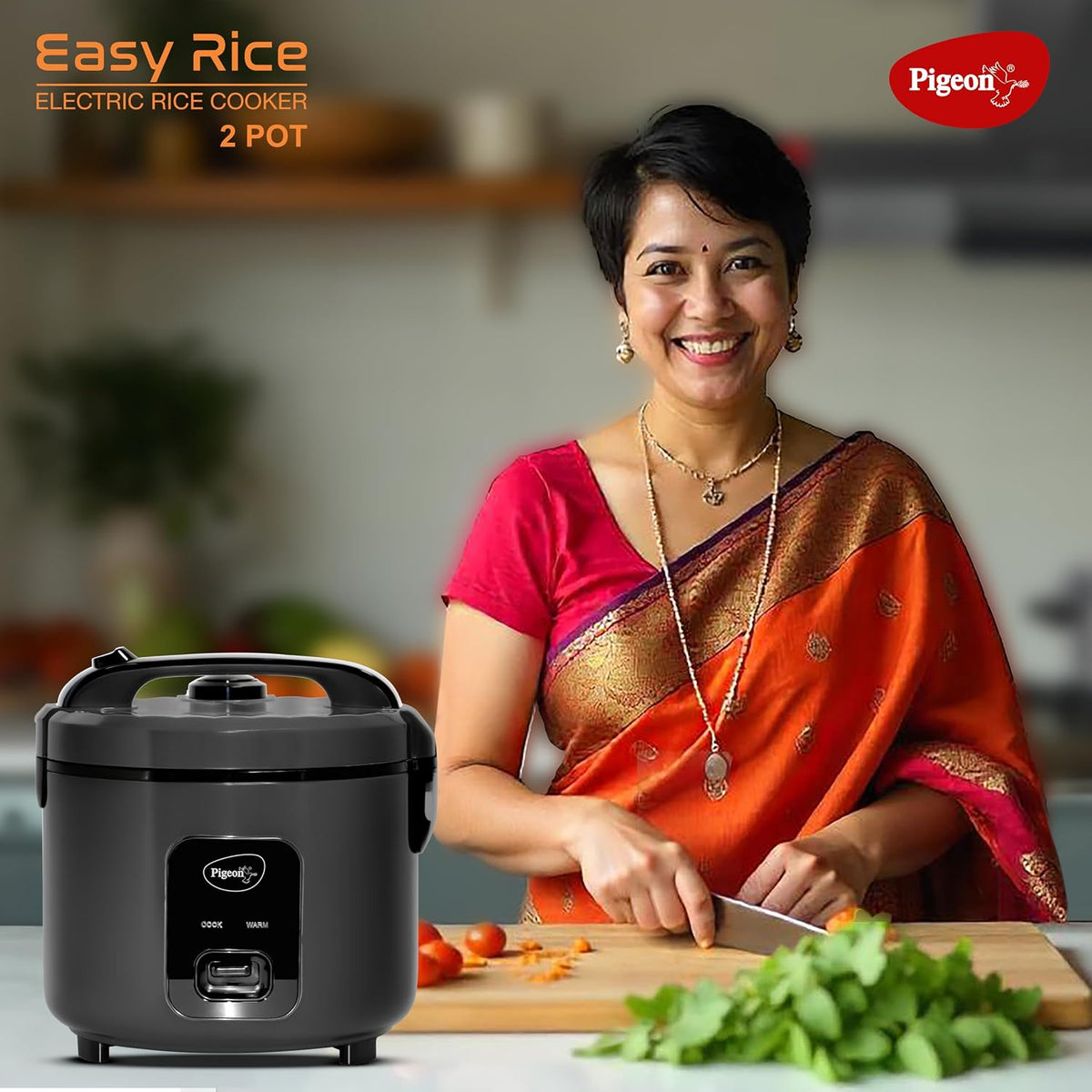 Pigeon Easy 3L Electric Rice Cooker with 2 Pots, Keep warm function, Steam basket, Spatula & Measuring cup (Grey) - OPEN BOX