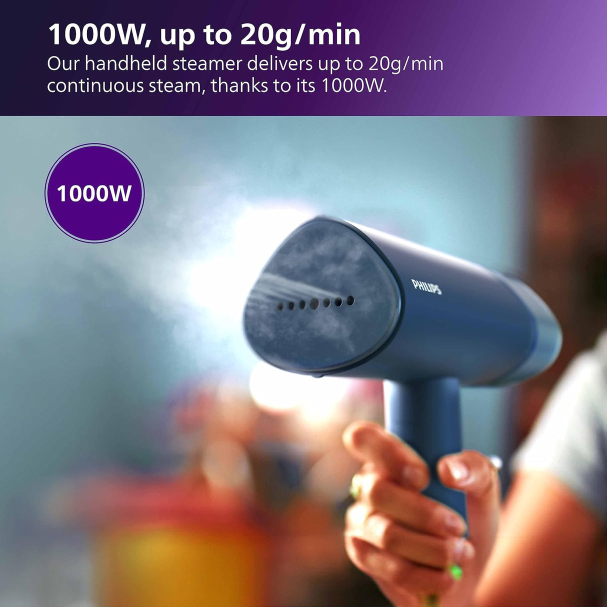 PHILIPS Handheld Garment Steamer STH3000/20 - Compact & Foldable, Convenient Vertical Steaming, 1000 Watt Quick Heat Up, up to 20g/min, Kills 99.9%* Bacteria , Small (OPENBOX)