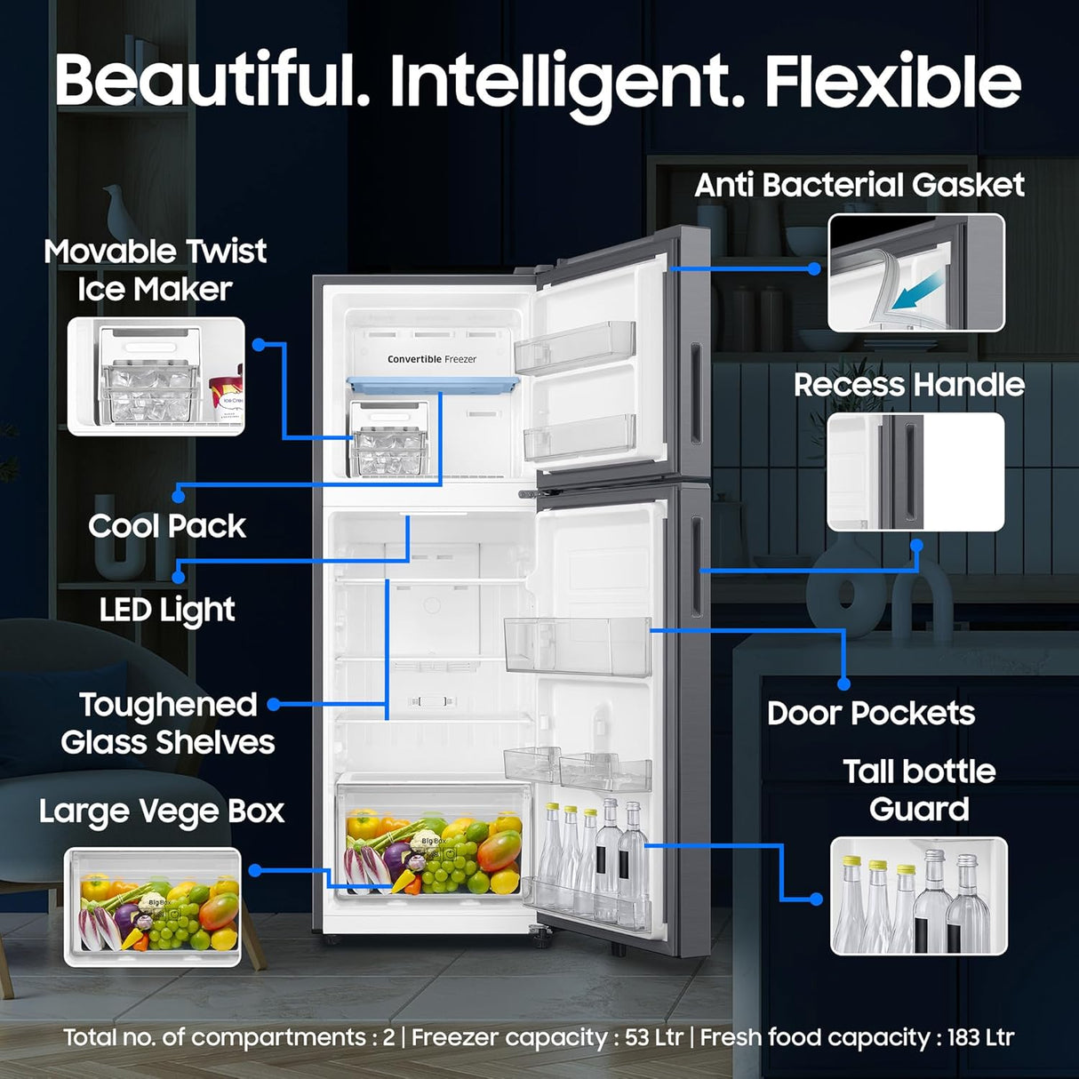 Samsung 236 L, 3 Star, Convertible, Digital Inverter Frost Free Double Door Refrigerator (RT40H28U3THL, Silver, Refined Inox, 2026 Model)-OPEN BOX