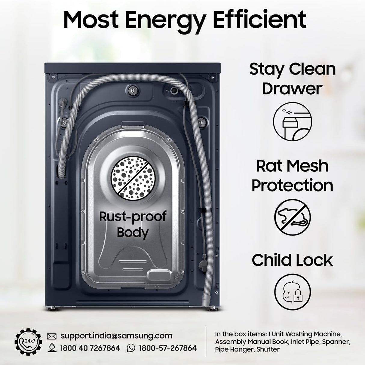 Samsung Smart Choice 9 kg, 5 Star, AI Control, AI Ecobubble, Super Speed, Wi-Fi, Hygiene Steam with Inbuilt Heater, Digital Inverter, Fully-Automatic Front Load Washing Machine (WW90DG6U24ASTL, NAVY) - OPN BOX