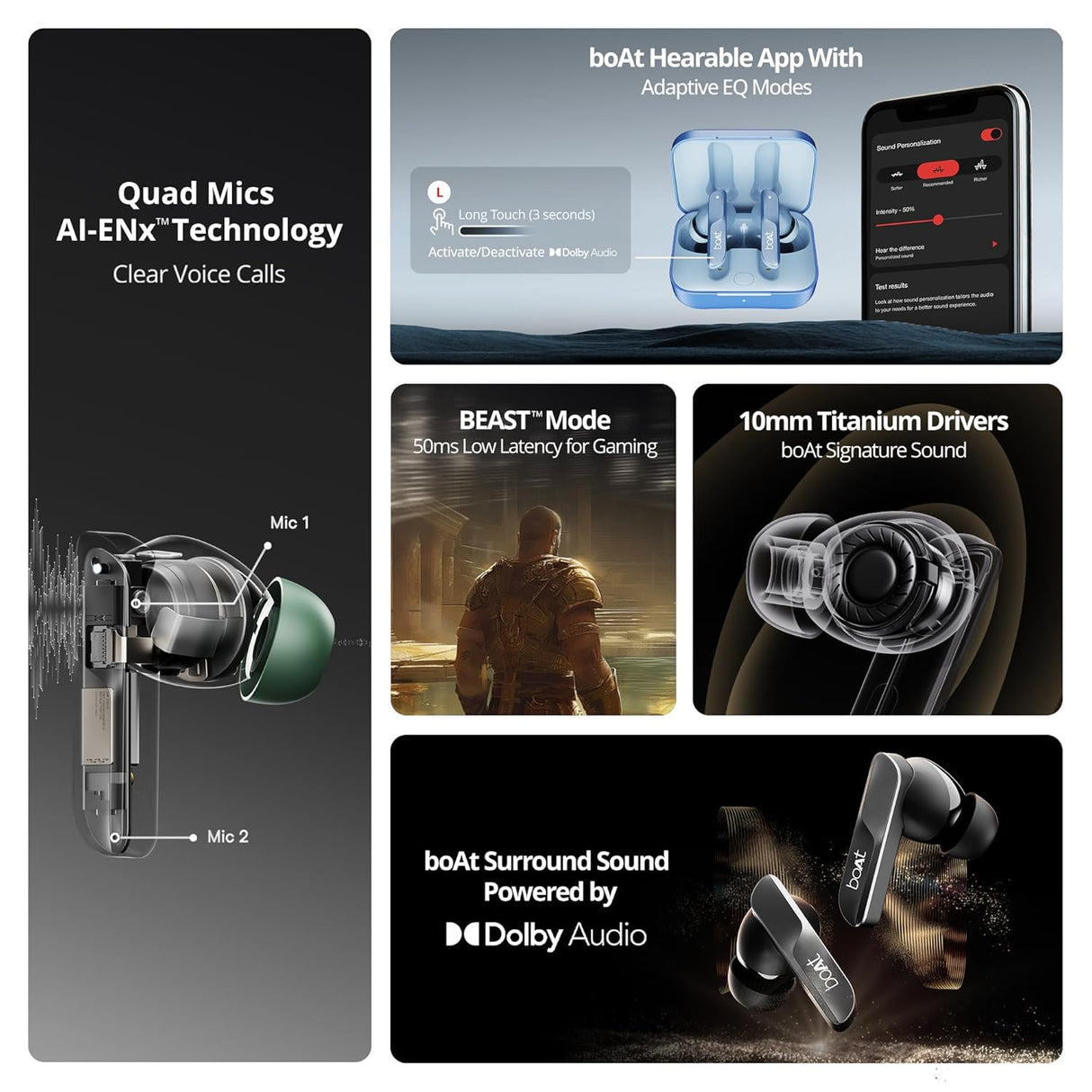 boAt Airdopes 800 w/ Dolby Audio, 4 Mics AI-ENx Tech, Titanium Drivers & ASAP Charge Bluetooth (OPENBOX)