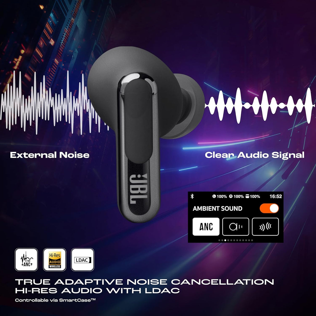 JBL New Launch Live Beam 3 TWS,Hi-Res Audio True ANC Earbuds,Smart Case with Touch Display,48H Playtime,Wireless Charging,6 Mic,Multipoint Connection,Ip55 Proof, Headphones App,Personi-Fi 3.0 (Black) (OPENBOX)