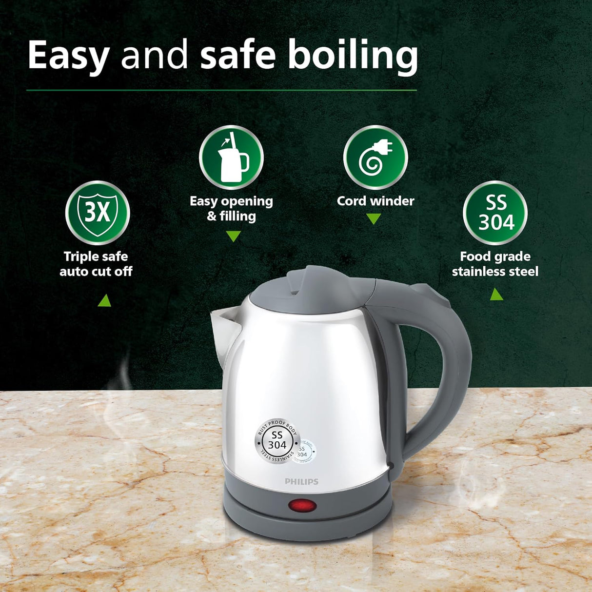 Philips HD9363/02 1.2 L Kettle with rust free SS304 25% Thicker Stainless Steel body for longer life |Triple safe auto cut off | 1300W (OPENBOX)