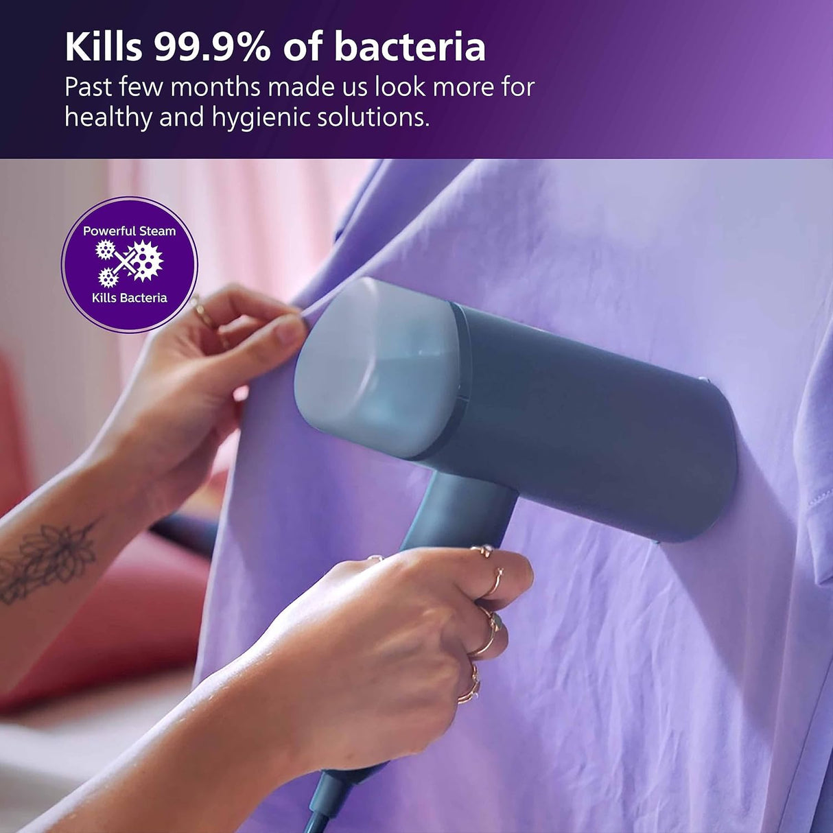 PHILIPS Handheld Garment Steamer STH3000/20 - Compact & Foldable, Convenient Vertical Steaming, 1000 Watt Quick Heat Up, up to 20g/min, Kills 99.9%* Bacteria , Small (OPENBOX)