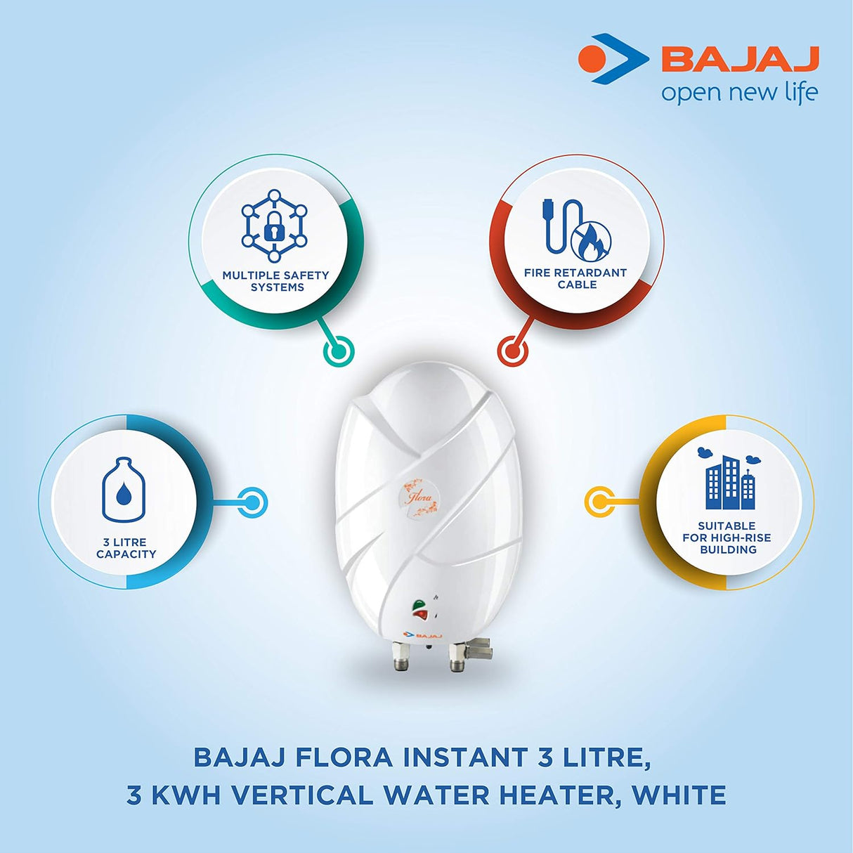 Bajaj Flora Instant 3 Litre Vertical Water Heater, 3KW, White wall mounting (OPENBOX)