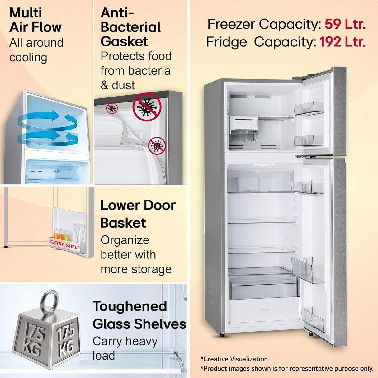 LG 251 L, 1 Star, Frost-Free Smart Inverter Double Door Refrigerator with Smart Mode (GLT2516WWPZ, Shiny Steel, Multi Air Flow Cooling with Max Fresh Zone, 2026 Model)-OPEN BOX