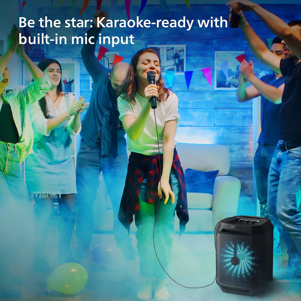 PHILIPS TAX2208 Bluetooth Party Speaker, Dynamic Bass Boost, Bluetooth and Aux-in, Karaoke Microphone Input, Wireless Pairing for Stereo Sound, Up to 7 Hours Battery, Built-in Carry Handle, USB-C (OPENBOX)