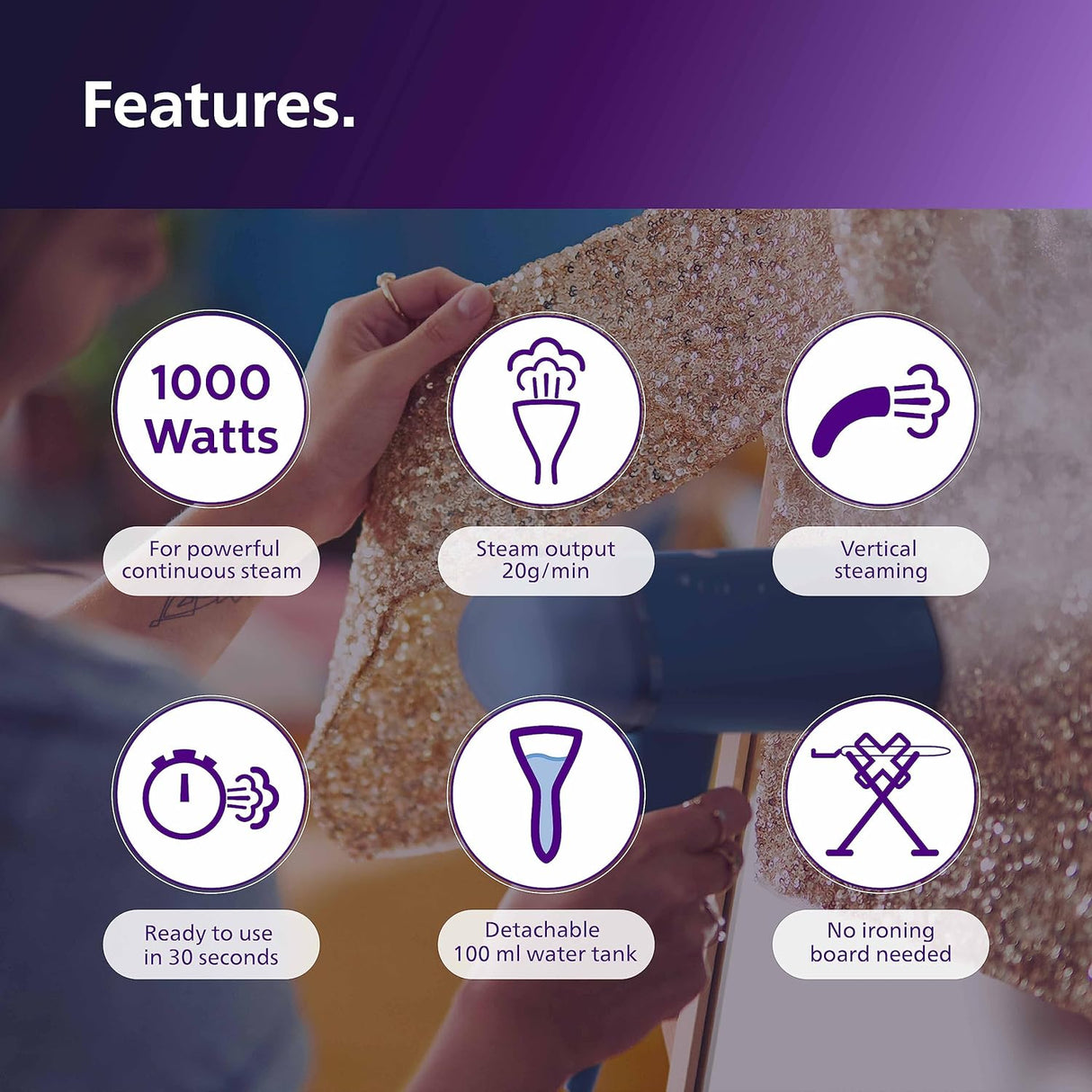 PHILIPS Handheld Garment Steamer STH3000/20 - Compact & Foldable, Convenient Vertical Steaming, 1000 Watt Quick Heat Up, up to 20g/min, Kills 99.9%* Bacteria , Small (OPENBOX)