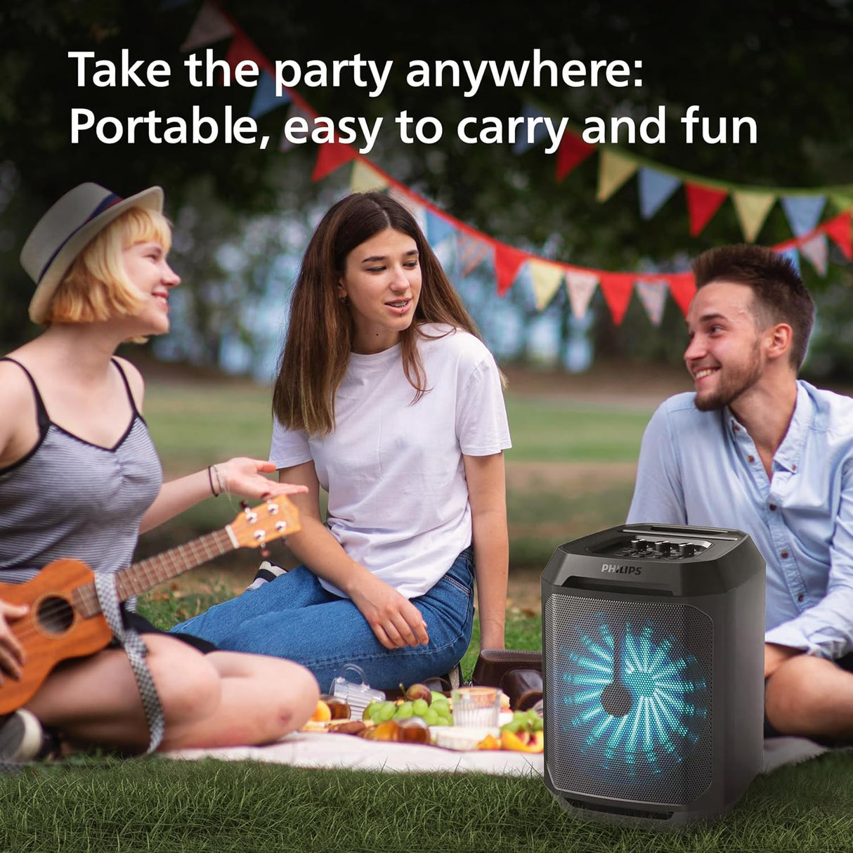 PHILIPS TAX2208 Bluetooth Party Speaker, Dynamic Bass Boost, Bluetooth and Aux-in, Karaoke Microphone Input, Wireless Pairing for Stereo Sound, Up to 7 Hours Battery, Built-in Carry Handle, USB-C (OPENBOX)