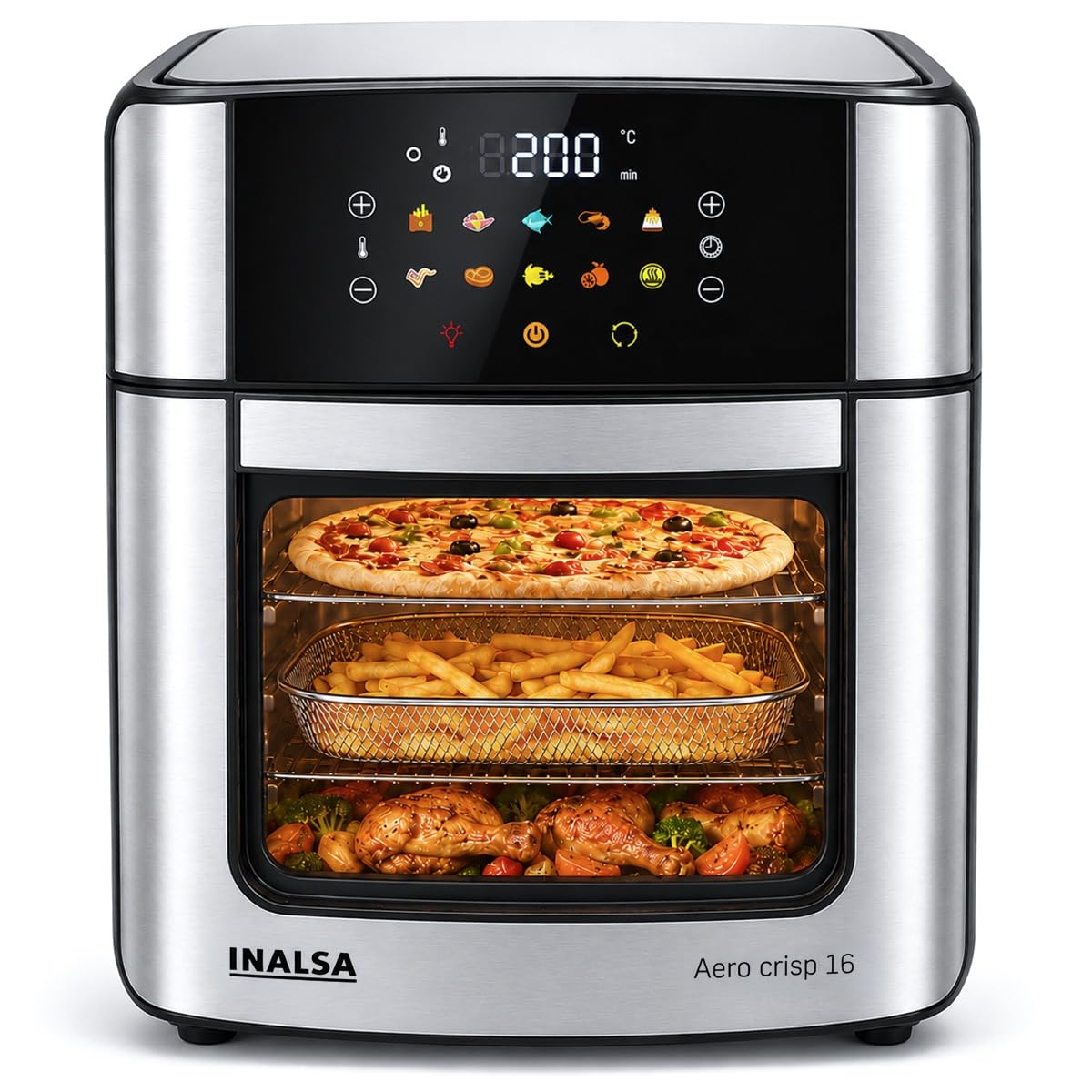 INALSA Air Fryer Oven|16L, 1800W|Stainless Steel Body12-in-1 Functions,Fry,Bake,Grill,Dehydrate,Roast& Reheat|10 Preset|Rotisserie & Convection|Dishwasher Safe Accessories|- OPEN BOX