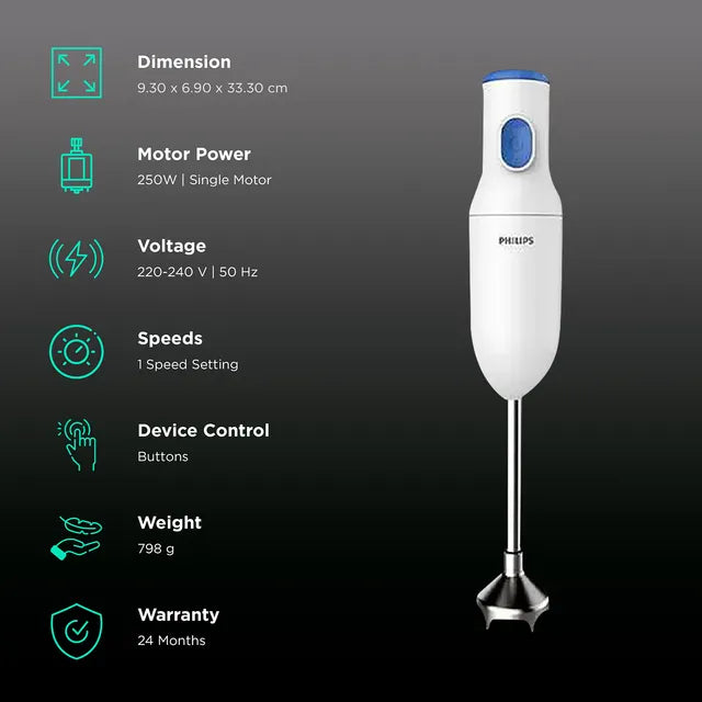 PHILIPS Daily Collection 250 Watt Hand Blender with 2 Attachments (Safety Carry Lock, Blue & White)