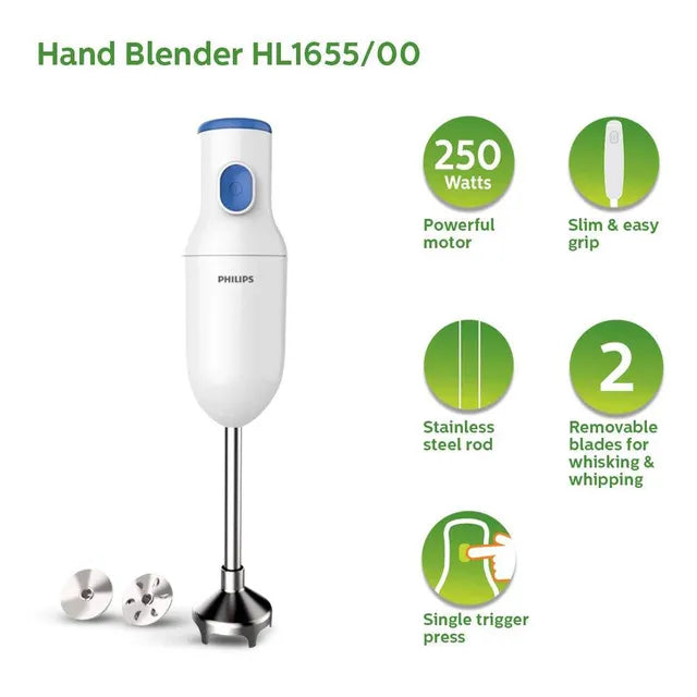 PHILIPS Daily Collection 250 Watt Hand Blender with 2 Attachments (Safety Carry Lock, Blue & White)