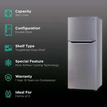 LG 260 Litres 2 Star Frost Free Double Door Refrigerator with Multi Air Flow System (GL-N292DDSY.ADSZEB, Dazzle Steel)