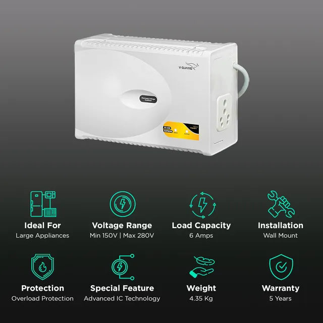 V-GUARD VG 150 Supreme 6 Amps Voltage Stabilizer For 600 to 1000 Litres Refrigerator (150V to 280V, Surge Protection)