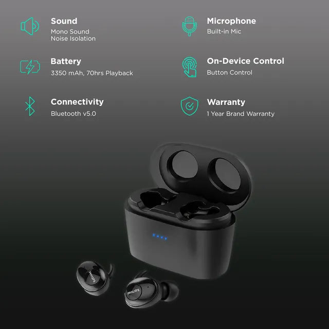 PHILIPS SHB2515BK/00 TWS Earbuds with Noise Isolation (Upto 100 Hours Playback, Black)