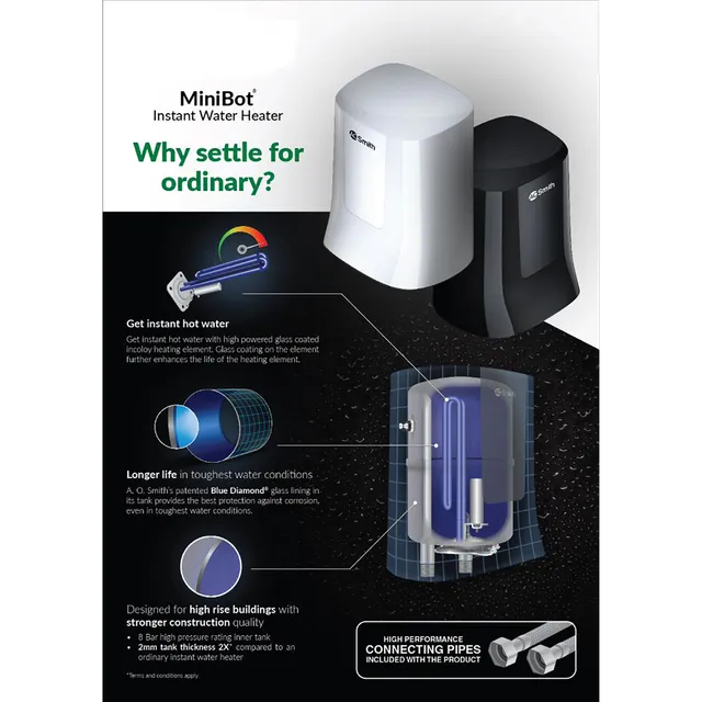 AO Smith MiniBot 3 Litre 5 Star Vertical Instant Geyser with Cutting Edge Technology (White)-OPEN BOX