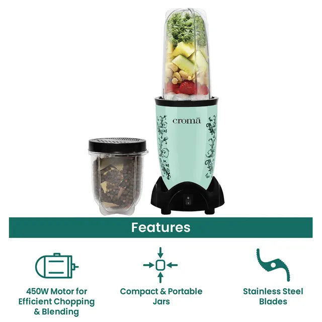 Croma Nutri 450 Watt 5 Jars Blender (21500 RPM, Overload Protection, Teal Green) - OPEN BOX