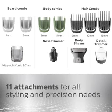 PHILIPS Series 7000 13-in-1 Rechargeable Cordless Grooming Kit for Face, Hair & Body for Men (120min Runtime, DualCut Technology, Silver)