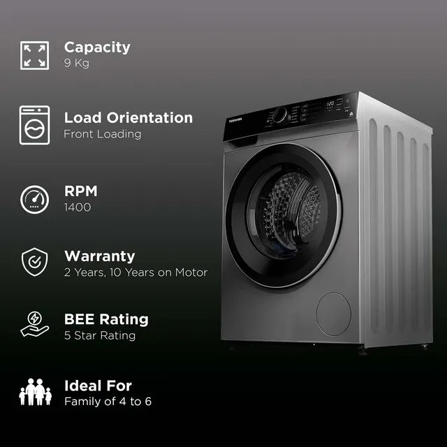 TOSHIBA 9 kg 5 Star Fully Automatic Front Load Washing Machine (TW-BJ100M4-IND(SK), In-Built Heater, Silver)-OPEN BOX